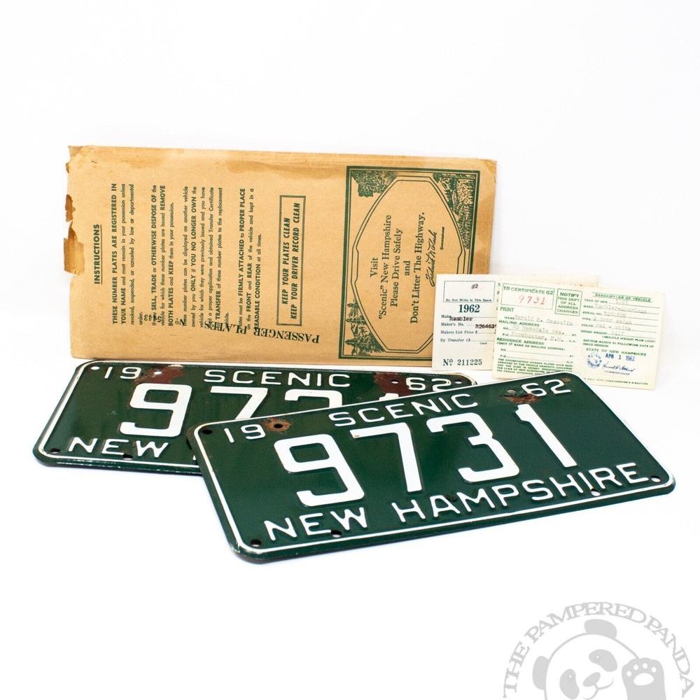 1962 New Hampshire License Plate PAIR With Registration and Original Cover